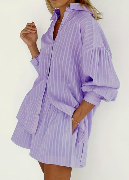 Lilac Drift - Striped Cotton Shirt and Shorts Set
