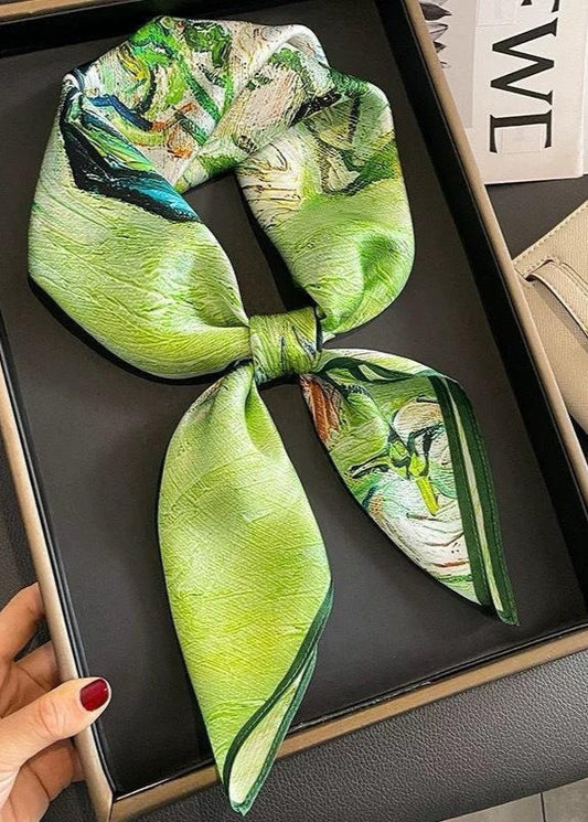 Spring Canvas - Artistic Green Floral Satin Scarf