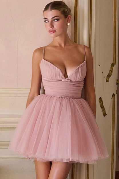 Pretty Sweetheart Neck Bow Ruched Tulle Fit & Flare Slip Party Mini Dress