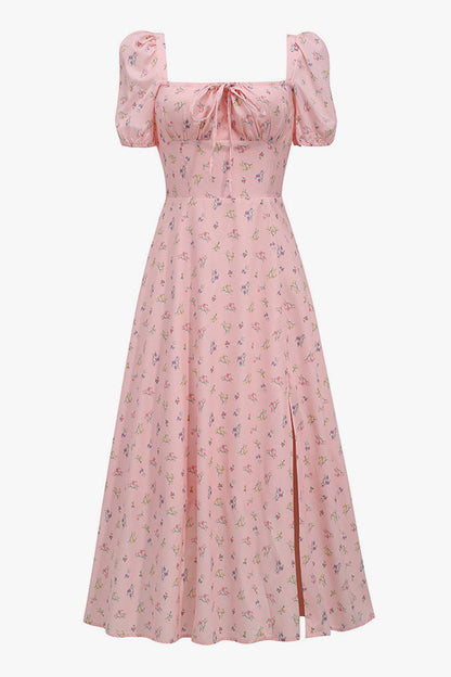 Puff Sleeve Ditsy Floral Tie Front High Slit Midi Dress - Pink