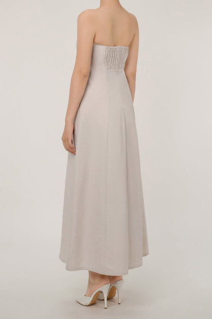 Quiet Luxury Strapless Smocked Pocketed Linen Blend Vacation Maxi Dress