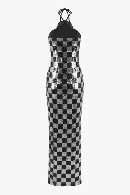 Romantic Checkered Rosette Applique Sequin Halter Evening Maxi Dress