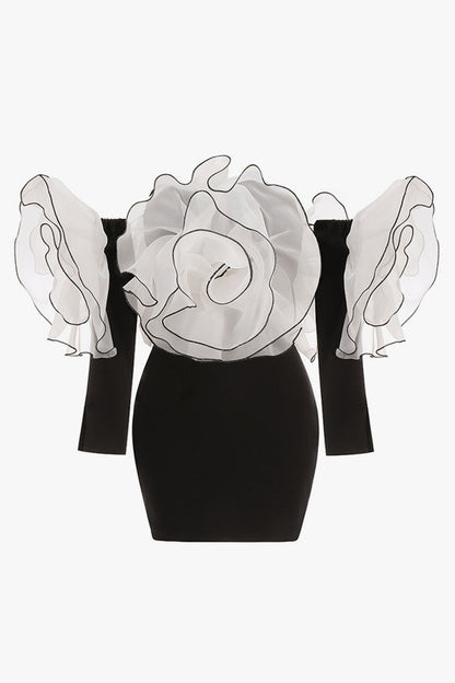 Romantic Contrast Rosette Off Shoulder Bodycon Jersey Party Mini Dress