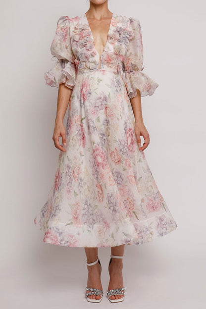 Romantic Floral Deep V Puff Sleeve Fit & Flare Summer Vacation Midi Dress