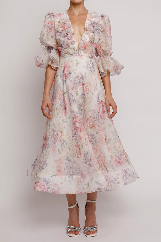 Romantic Floral Deep V Puff Sleeve Fit & Flare Summer Vacation Midi Dress