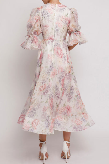 Romantic Floral Deep V Puff Sleeve Fit & Flare Summer Vacation Midi Dress