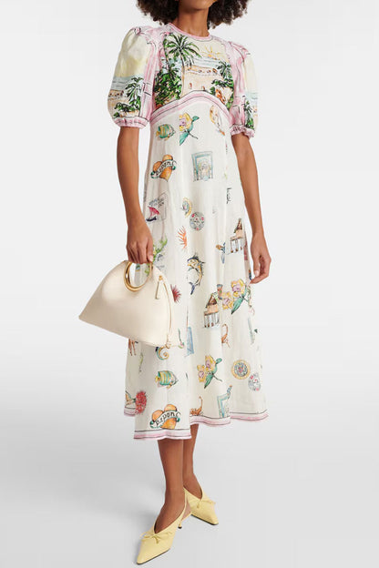 Romantic Printed Crew Neck Puff Sleeve Empire Waist Vacation Midi Dress