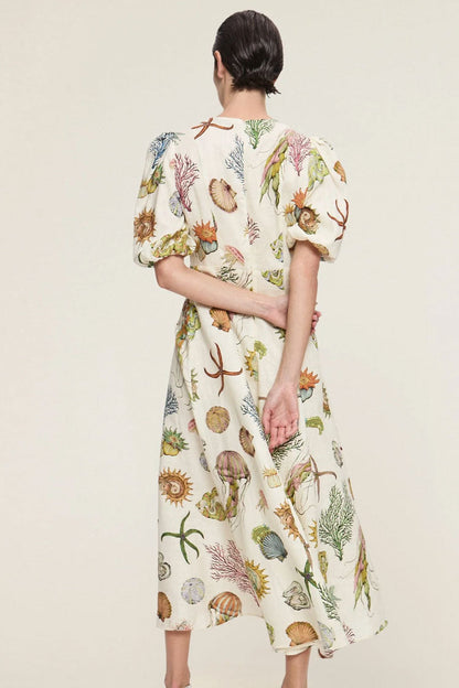 Romantic Printed Crew Neck Puff Sleeve Empire Waist Vacation Midi Dress