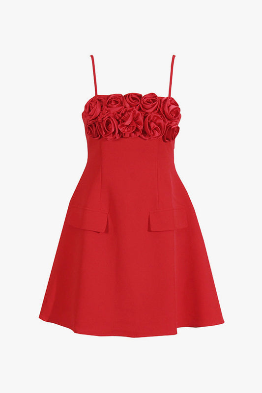 Romantic Rosette Square Neck Pocketed A Line Cami Party Mini Dress