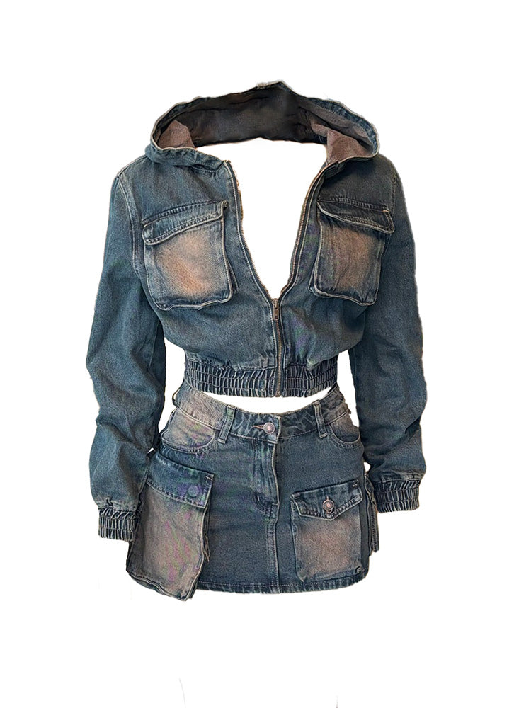 Denim Hoodie Jacket & Cargo Skirt Set