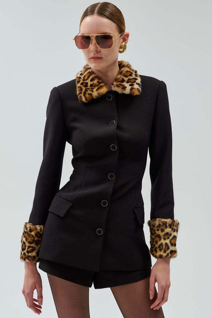 Sassy Leopard Print Faux Fur Collar Button Up Blazer Two Piece Shorts Set