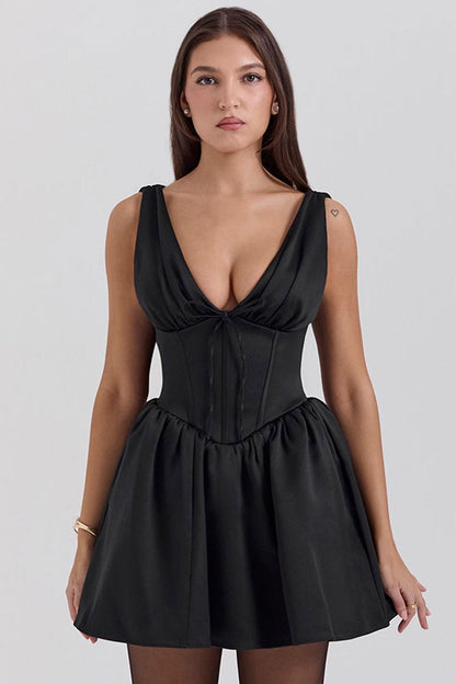 Sexy Bow Deep V Neck Sleeveless Corset Gathered Satin Party Mini Dress