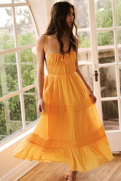 Sexy Bow Tie Backless Smocked Tiered Ruffle Beach Vacation Midi Sundress