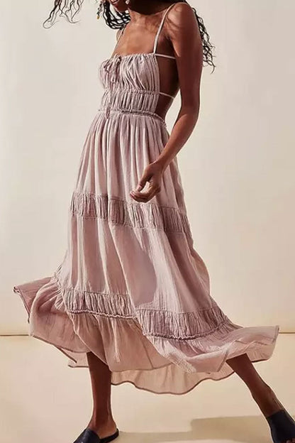 Sexy Bow Tie Backless Smocked Tiered Ruffle Beach Vacation Midi Sundress
