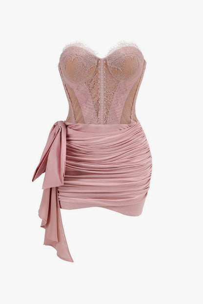 Sexy Bustier Strapless Lace Corset Bow Tie Ruched Bodycon Party Mini Dress