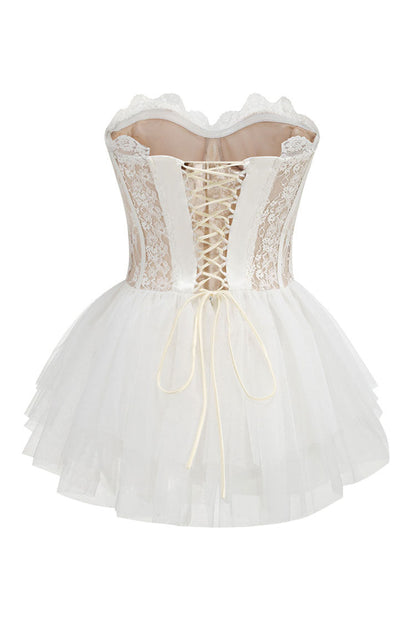 Sexy Bustier Strapless Laced Corset Tiered Ruffle Tulle Party Micro Mini Dress