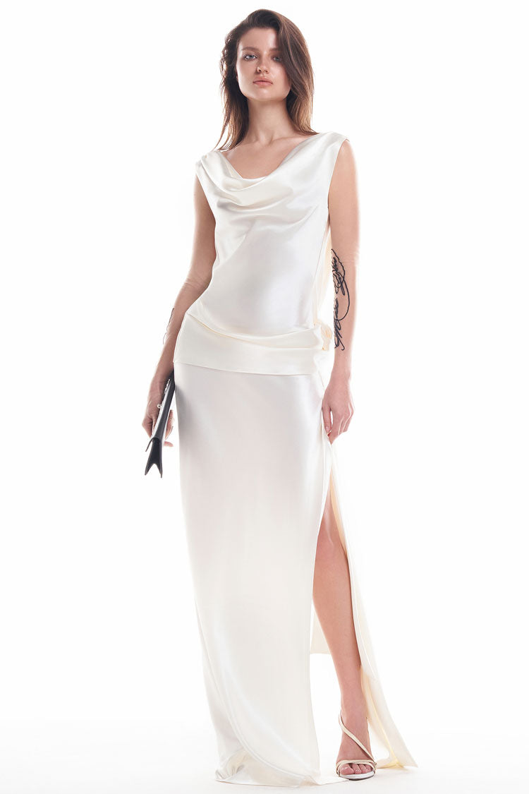 Sexy Cowl Neck Ruched Backless Rosette Split Satin Evening Maxi Dress