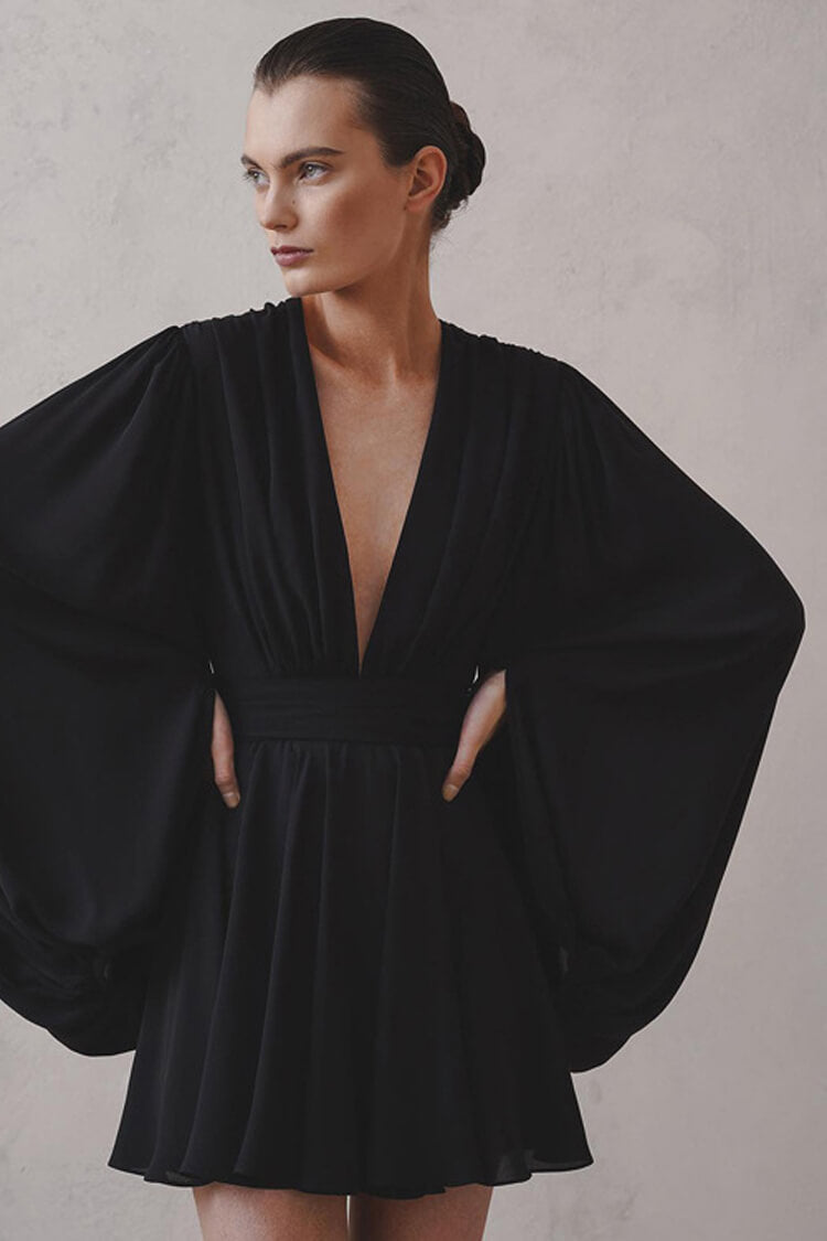 Sexy Deep V Balloon Sleeve Ruched Cinch High Waist Flared Party Mini Dress