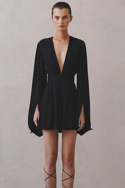 Sexy Deep V Balloon Sleeve Ruched Cinch High Waist Flared Party Mini Dress