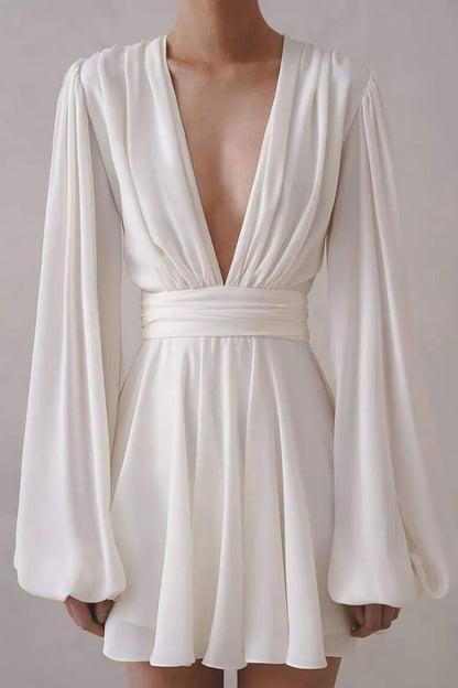 Sexy Deep V Balloon Sleeve Ruched Cinch High Waist Flared Party Mini Dress