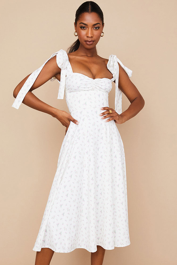 Sexy Ditsy Floral Tie Strap Fit & Flare High Slit Slip Midi Sun Dress - White