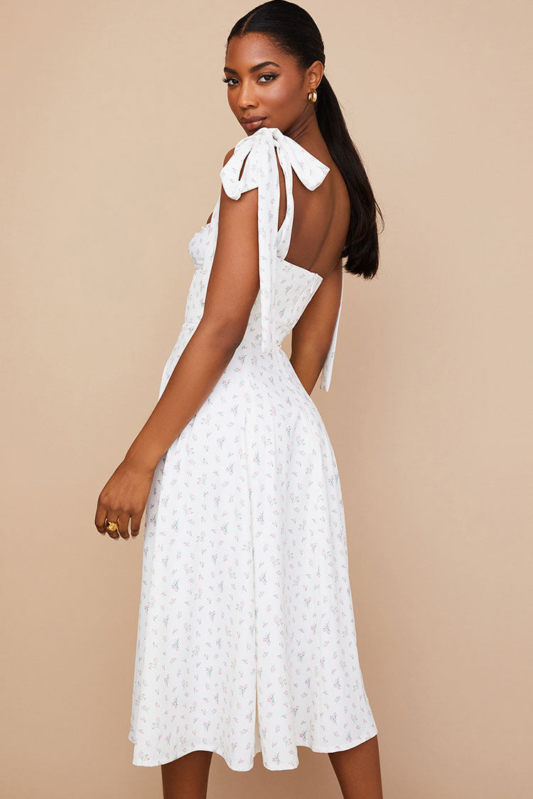 Sexy Ditsy Floral Tie Strap Fit & Flare High Slit Slip Midi Sun Dress - White