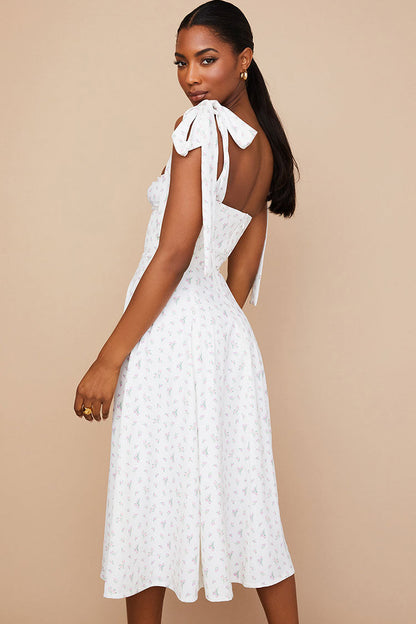 Sexy Ditsy Floral Tie Strap Fit & Flare High Slit Slip Midi Sun Dress - White