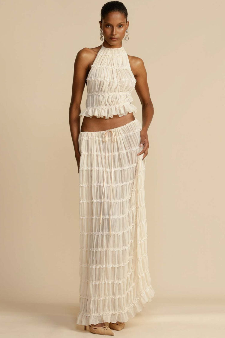 Sexy Halter Backless Lettuce Trim Ruched Chiffon Top Two Piece Maxi Dress