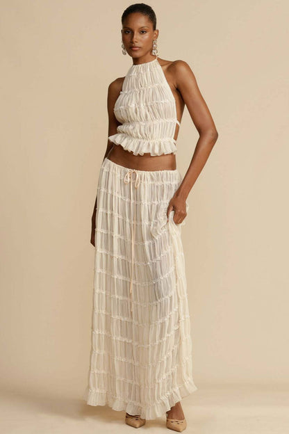 Sexy Halter Backless Lettuce Trim Ruched Chiffon Top Two Piece Maxi Dress