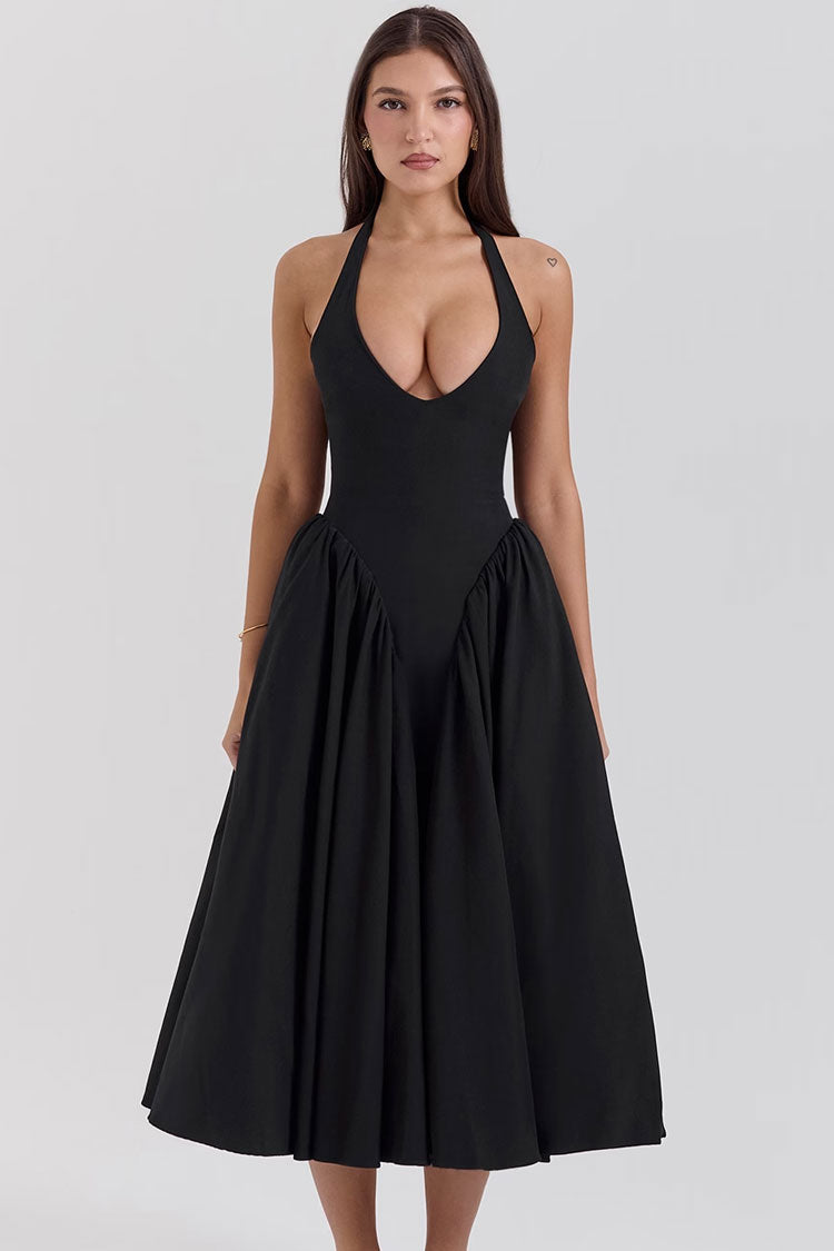 Sexy Halter Open Back Drop Waist Tulle Trim Fit & Flare Cocktail Midi Dress