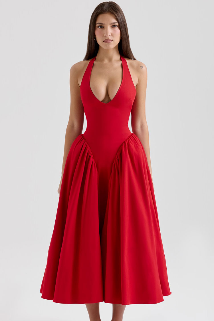 Sexy Halter Open Back Drop Waist Tulle Trim Fit & Flare Cocktail Midi Dress