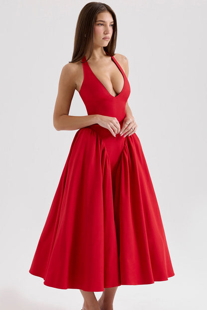 Sexy Halter Open Back Drop Waist Tulle Trim Fit & Flare Cocktail Midi Dress