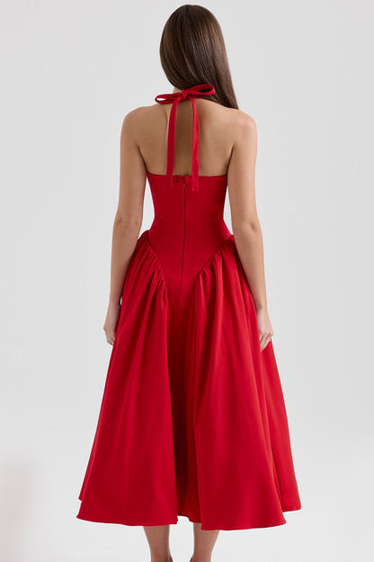Sexy Halter Open Back Drop Waist Tulle Trim Fit & Flare Cocktail Midi Dress