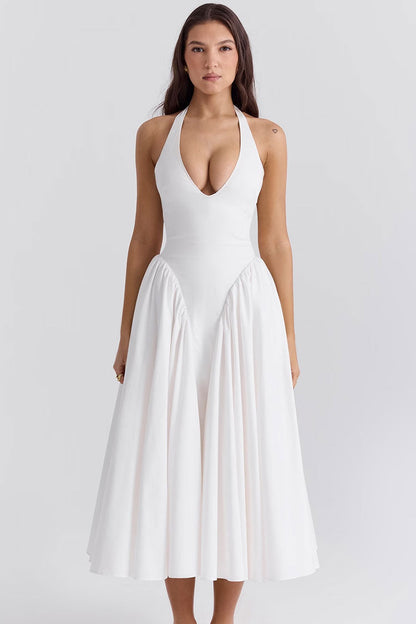 Sexy Halter Open Back Drop Waist Tulle Trim Fit & Flare Cocktail Midi Dress