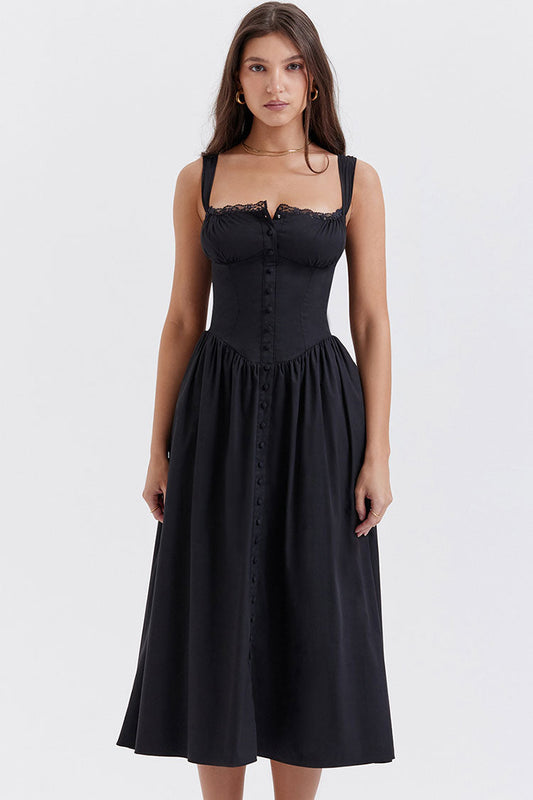 Sexy Lace Square Neck Lace Up Back Fit & Flare Midi Sundress - Black