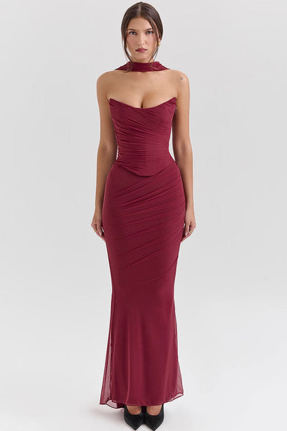 Sexy Mesh Scarf Strapless Crop Corset Ruched Maxi Skirt Two Piece Dress