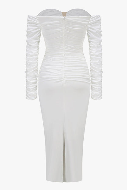 Sexy Off Shoulder Plunge Neck Long Sleeve Ruched Cocktail Midi Dress