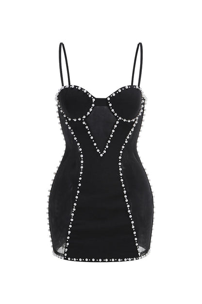 Sexy Pearl Trim Bustier Spaghetti Strap Sheer Mesh Panel Club Mini Dress