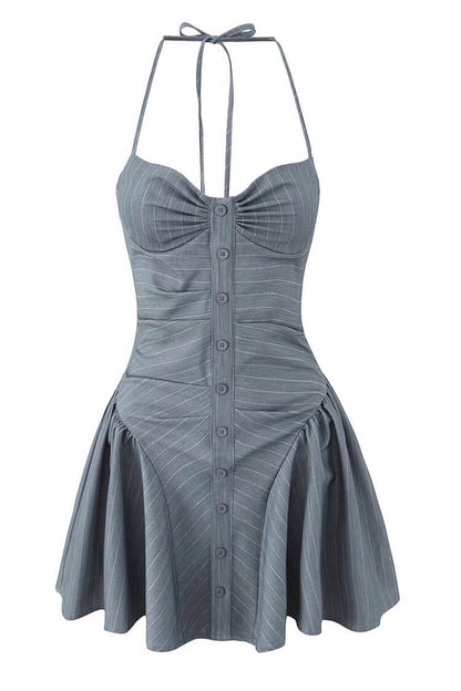 Sexy Pinstripe Print Halter Ruched Bustier Button Drop Waist Party Mini Dress
