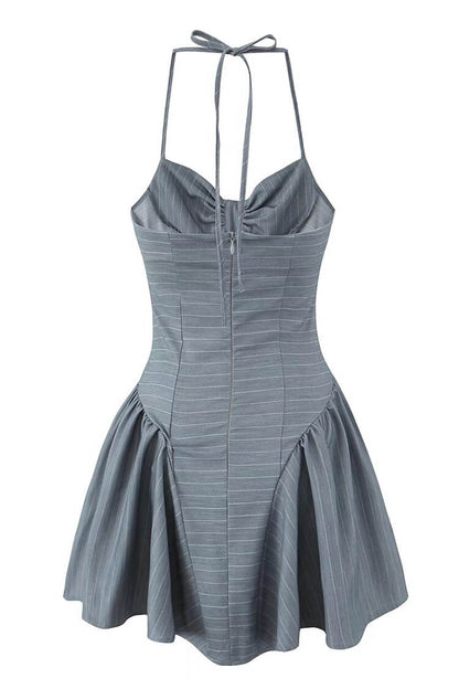 Sexy Pinstripe Print Halter Ruched Bustier Button Drop Waist Party Mini Dress