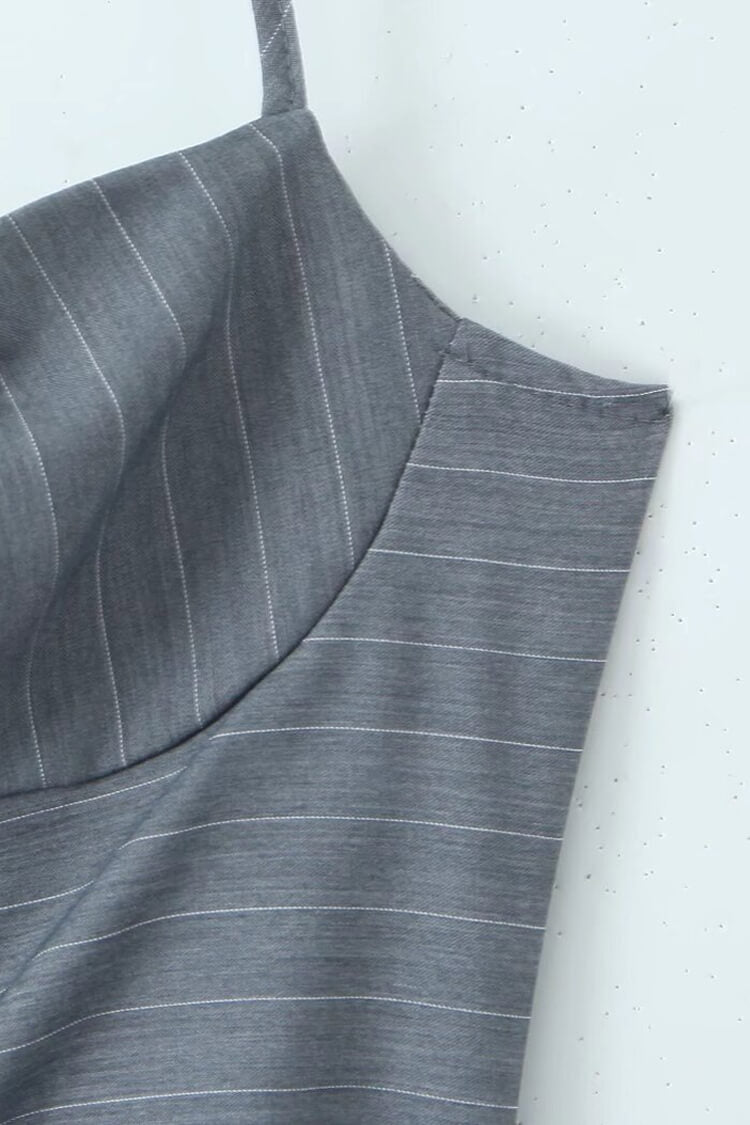 Sexy Pinstripe Print Halter Ruched Bustier Button Drop Waist Party Mini Dress