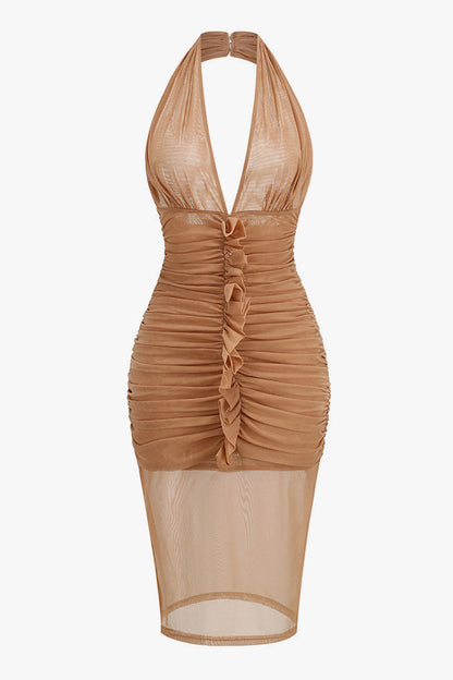 Sexy Plunge Halter Ruffled Ruched Sheer Mesh Cocktail Midi Dress