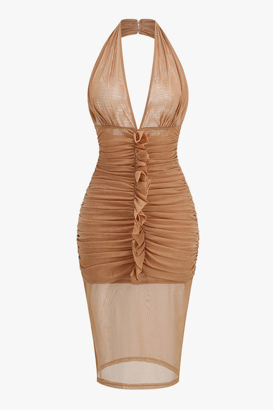 Sexy Plunge Halter Ruffled Ruched Sheer Mesh Cocktail Midi Dress