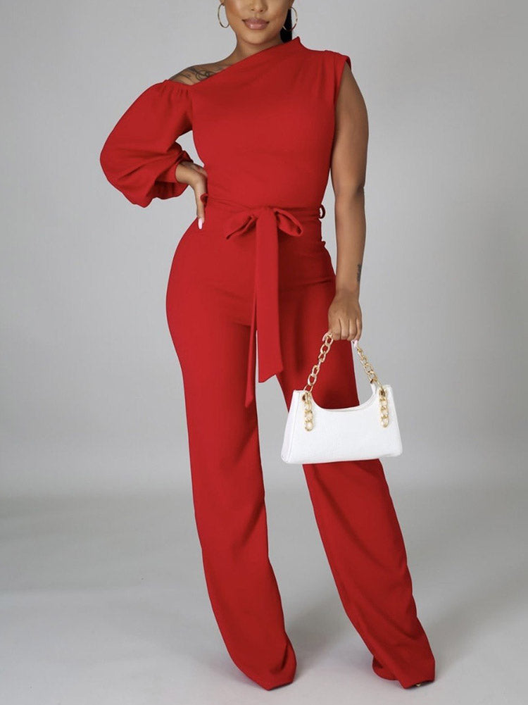 One Shoulder Belted Jumpsuit