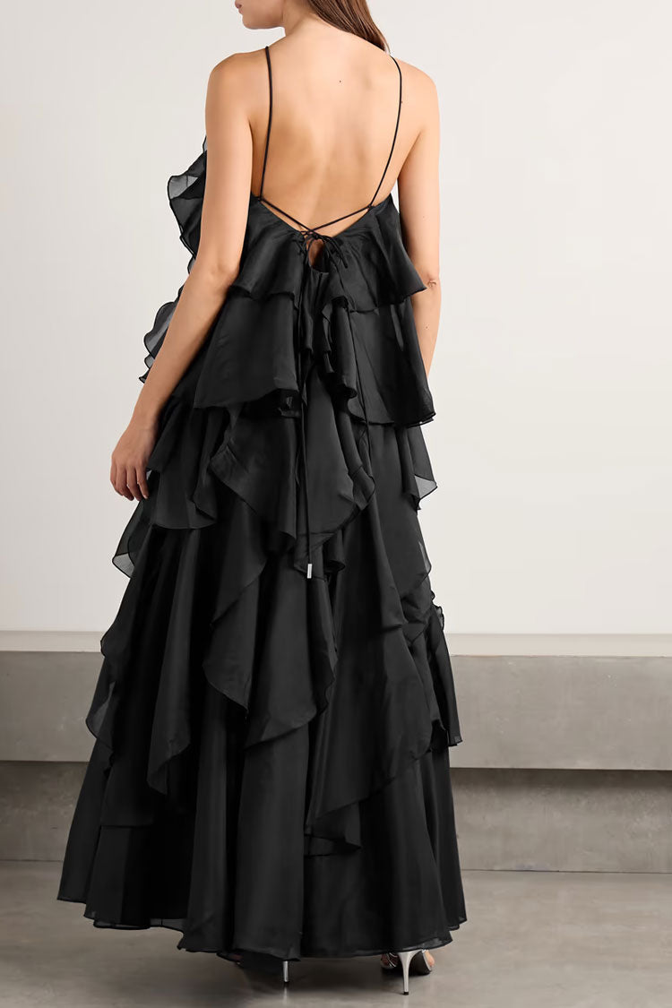 Sexy Rosette Backless Laced Back Layered Ruffle Chiffon Vacation Maxi Dress