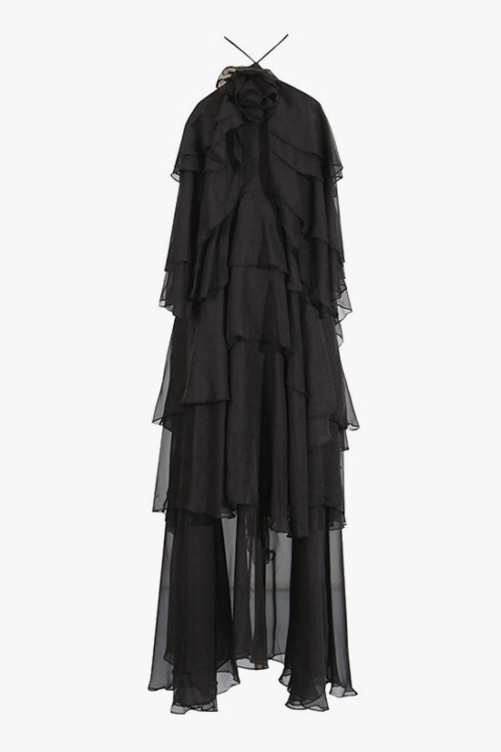 Sexy Rosette Backless Laced Back Layered Ruffle Chiffon Vacation Maxi Dress