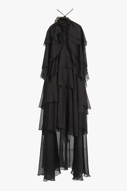 Sexy Rosette Backless Laced Back Layered Ruffle Chiffon Vacation Maxi Dress