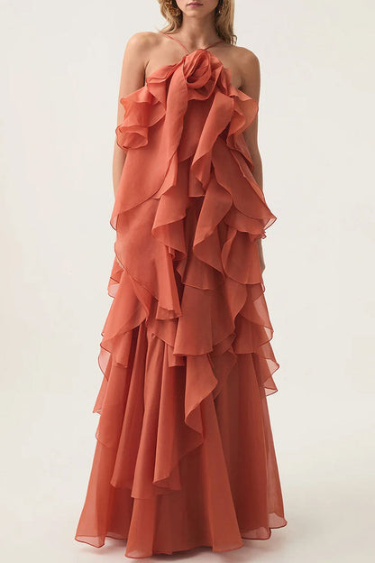 Sexy Rosette Backless Laced Back Layered Ruffle Chiffon Vacation Maxi Dress
