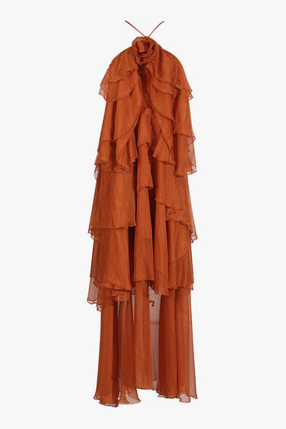 Sexy Rosette Backless Laced Back Layered Ruffle Chiffon Vacation Maxi Dress