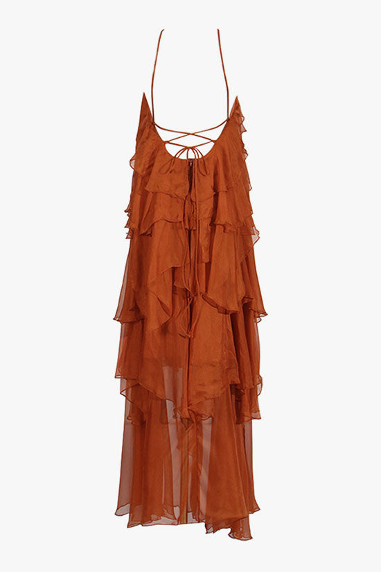 Sexy Rosette Backless Laced Back Layered Ruffle Chiffon Vacation Maxi Dress